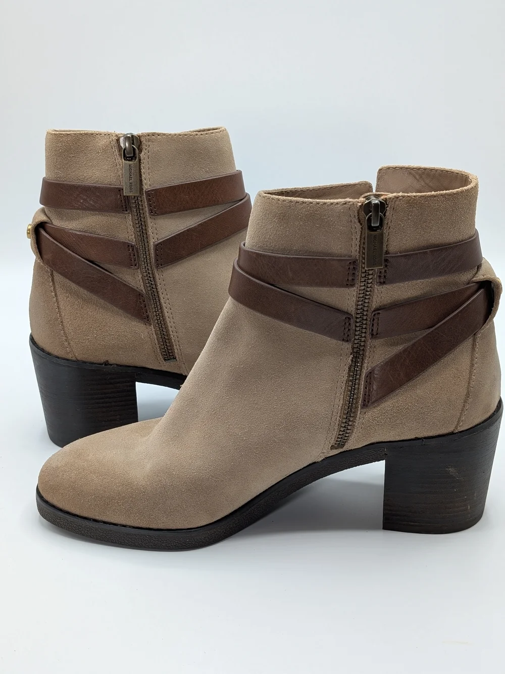 Michael Kors Women 8 Taupe Suede Ankle Boots Brown Leather Straps Block Heel